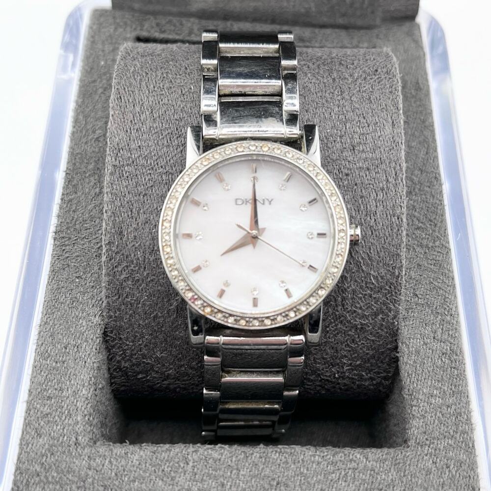 DKNY stainless steel silver watch crystal accent mother of pearl face